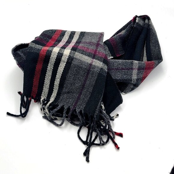 Plaid Preppy Dark Academia Scarf With Fringe Design In Black Burgundy & Gray - Picture 4 of 5
